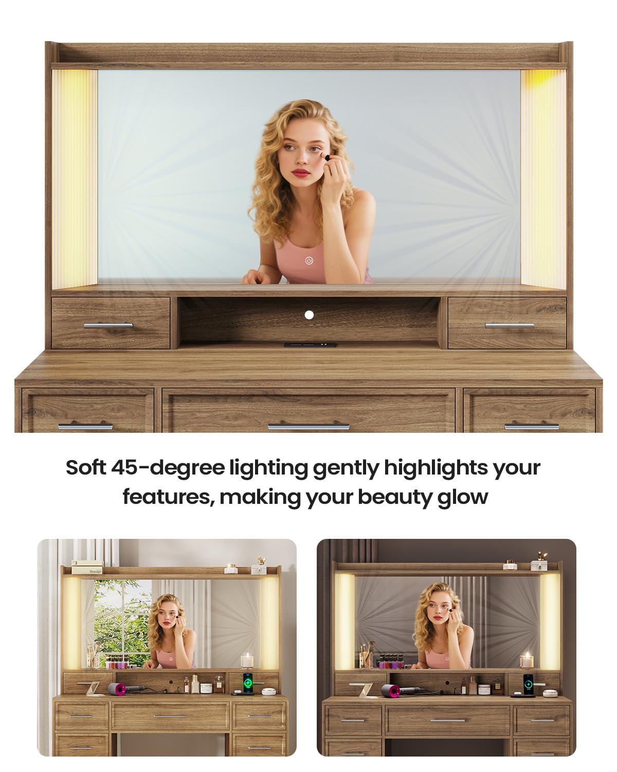 AOGLLATI Vanity Desk with Mirror and Lights, Makeup Vanity Desk with Lights, Large Mirror with Charging Station and 3 Color Lightbox, White Vanity Table with 7 Drawers for Bedroom, Brown