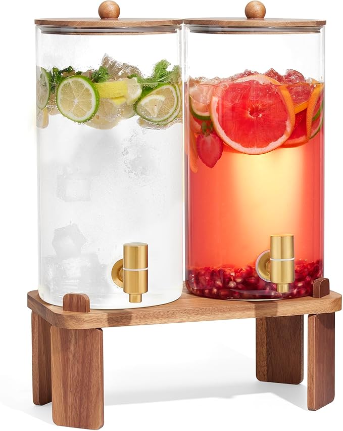 2 PCS 1.5 Gallon Drink dispenser, Glass Beverage Dispenser With Wood Stand, Large Water Drink Dispensers for Parties With ...