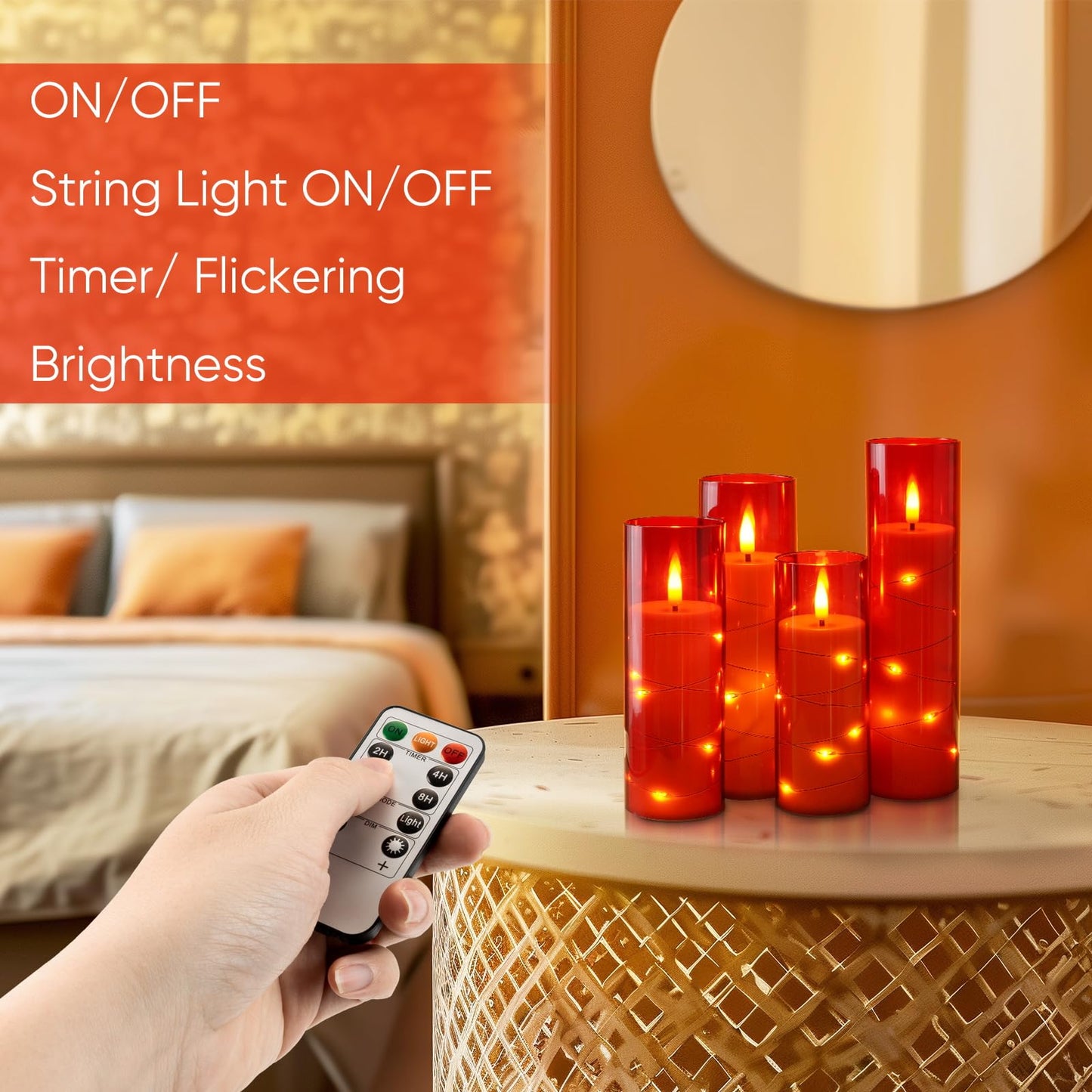 Homemory Acrylic Flameless Candles with Embedded Star String Fairy Lights, Battery Operated, LED Candles, Fake Candles with Remote Control and Timer, Red, Set of 5