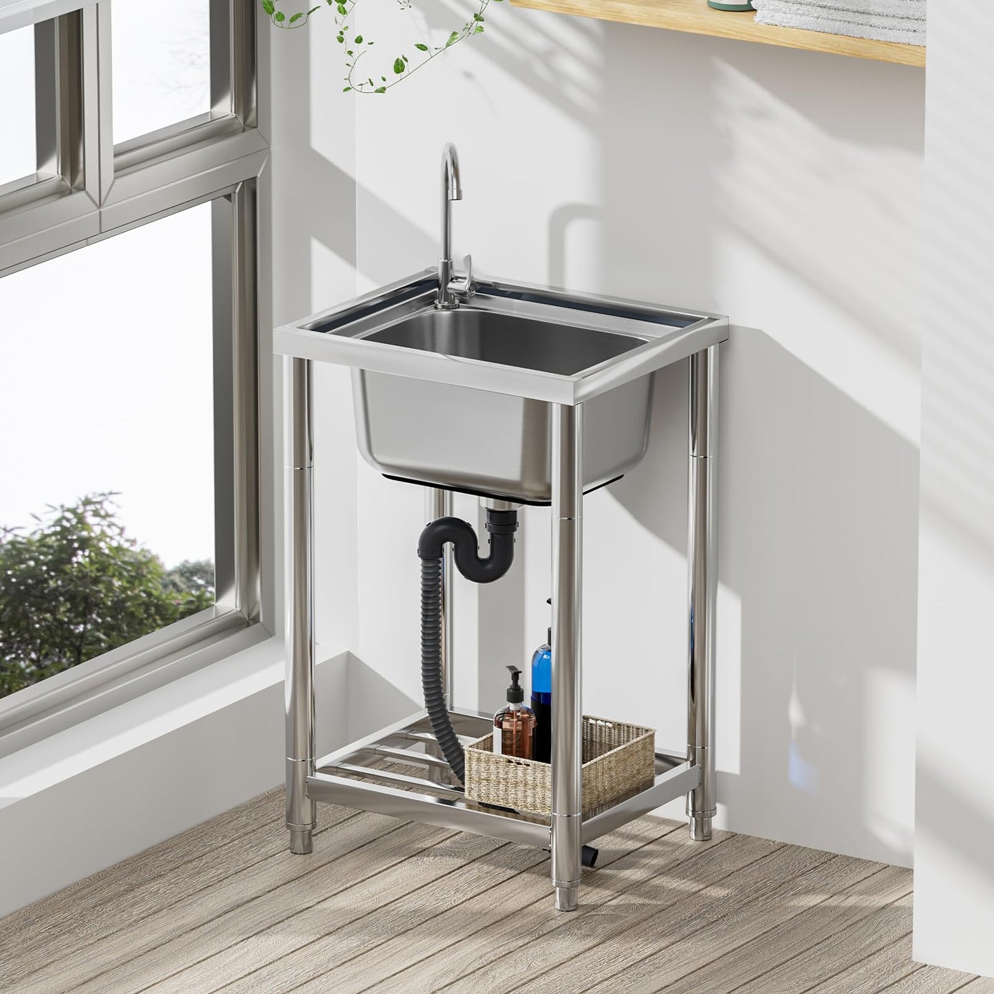 DuyviSteil Stainless Steel Single Bowl Commercial Restaurant Kitchen Sink, Free Standing Utility Tub Sink with Quick Connect Drain for Laundry Room Bathroom Farmhouse (22in)