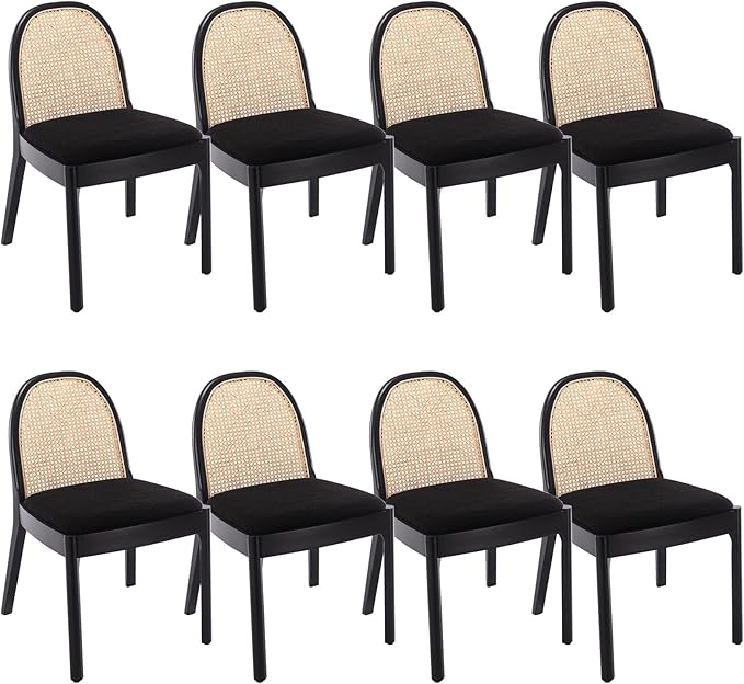DUOMAY Mid-Century Modern Rattan Dining Chairs Set of 8, Wooden Dining Room Chair with Cane Backrest and Padded Seat, Black Sherpa Upholstered Dining Chair, Black Finish
