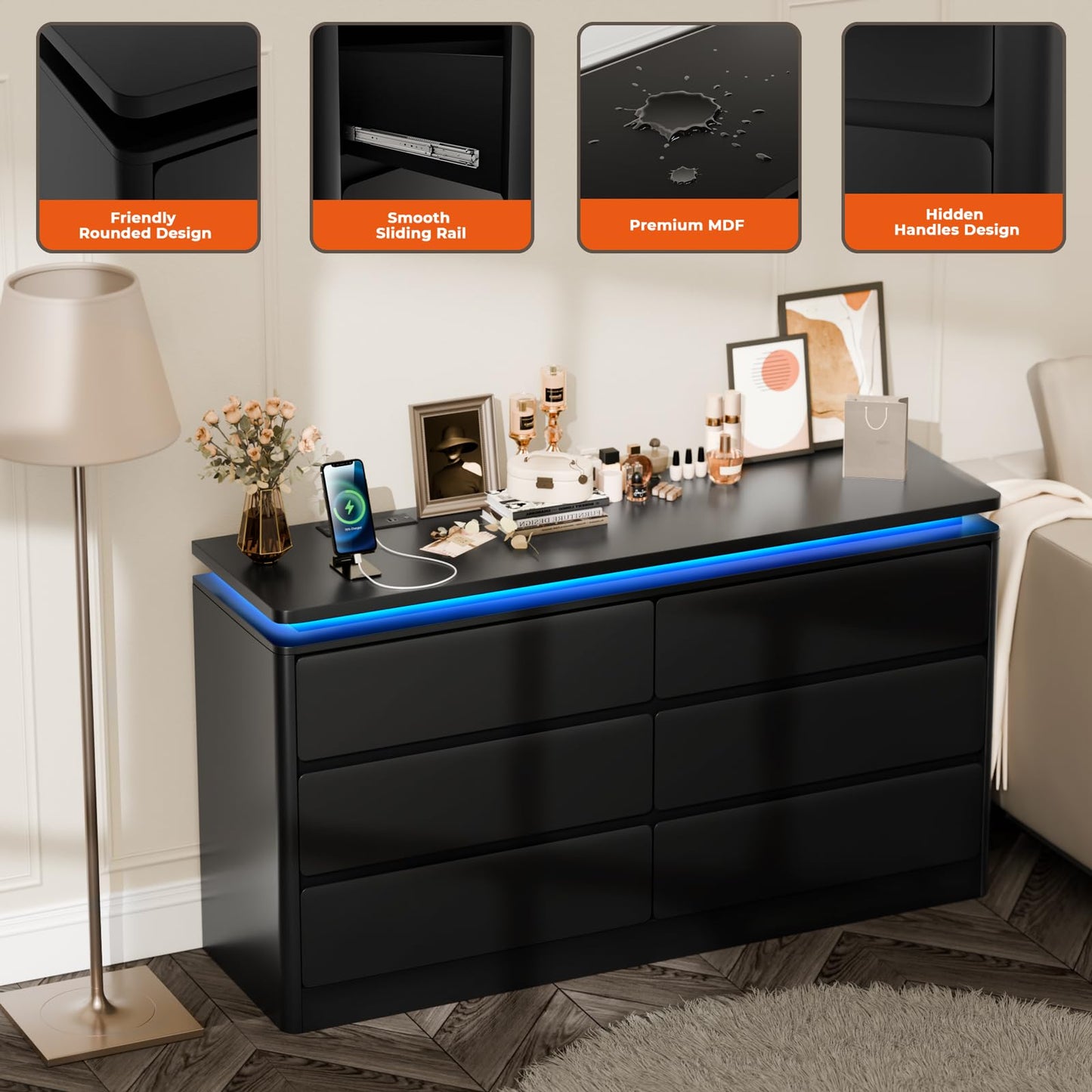 Upgraded 6 Drawer Black Dresser for Bedroom, 47.2" Long Chest of Drawers with Charging Station & LED Lights, Wooden Storage Cabinet Dresser for Closet,Modern TV Stand with Deep Drawers