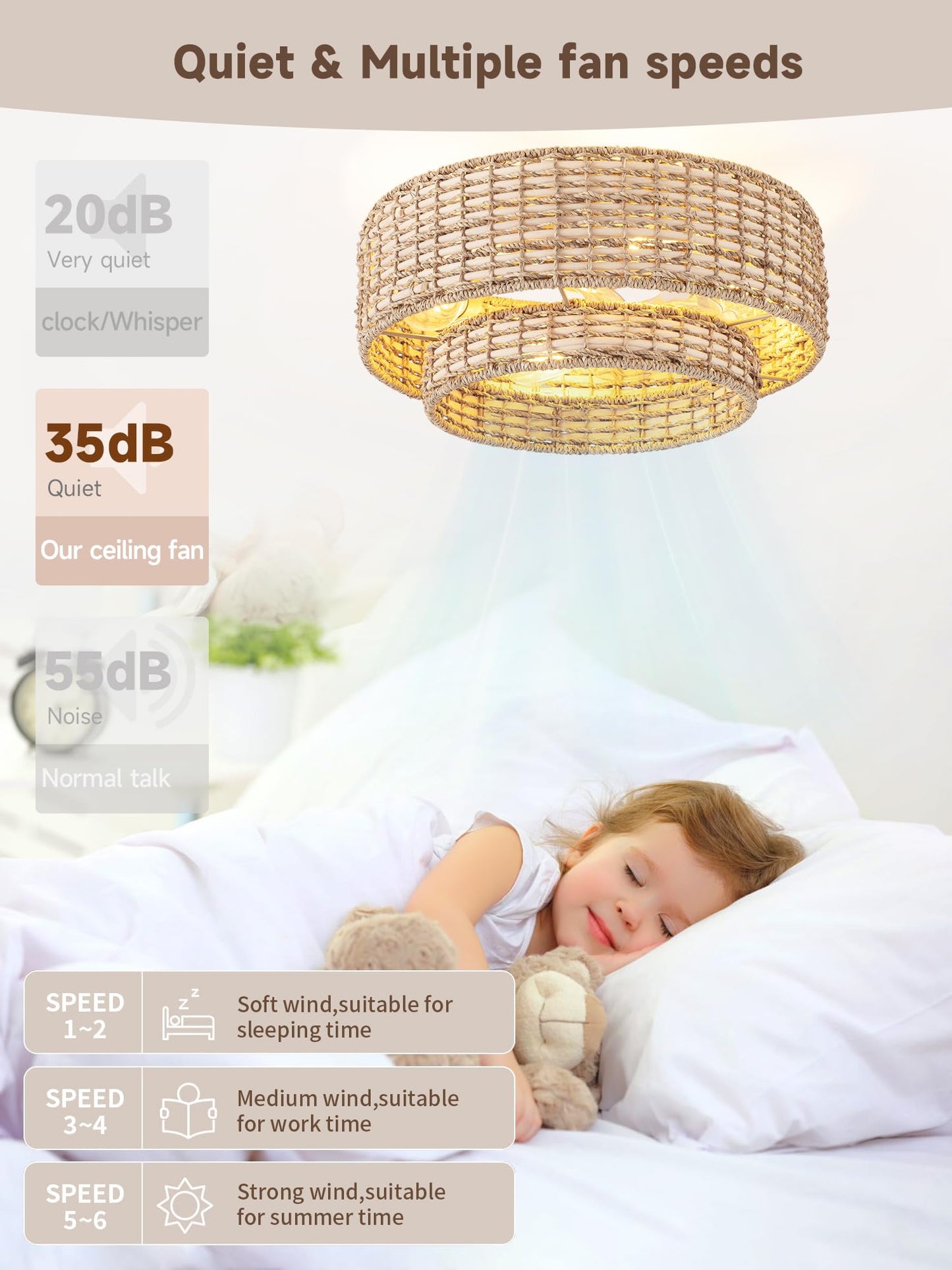 Jughtbo Boho Caged Ceiling Fans With Lights Flush Mount, Layered Rattan Ceiling Fan With Light Remote Control With Reversible 6