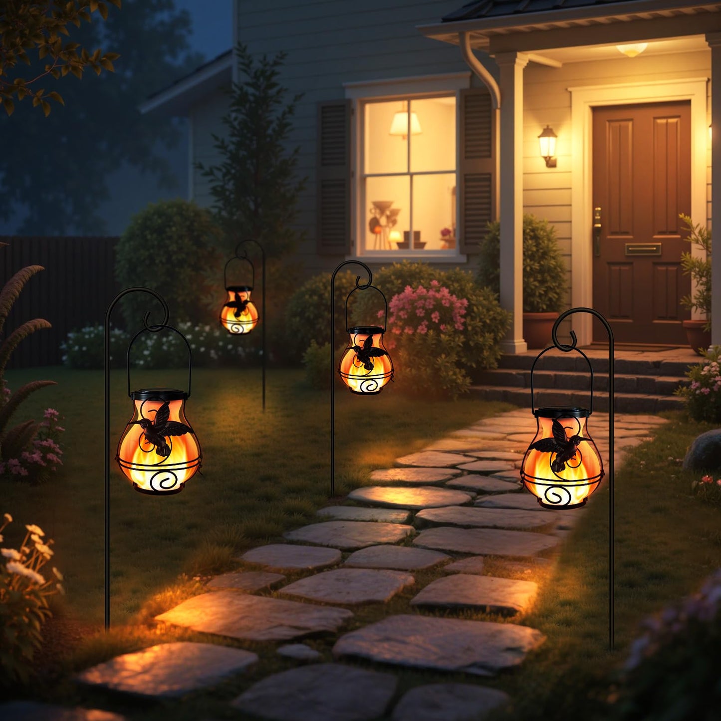 2 Pack Solar Lanterns Outdoor Waterproof Flickering Flame Lights Hummingbird Metal Hanging Solar Lantern Patio Porch Garden Decoration