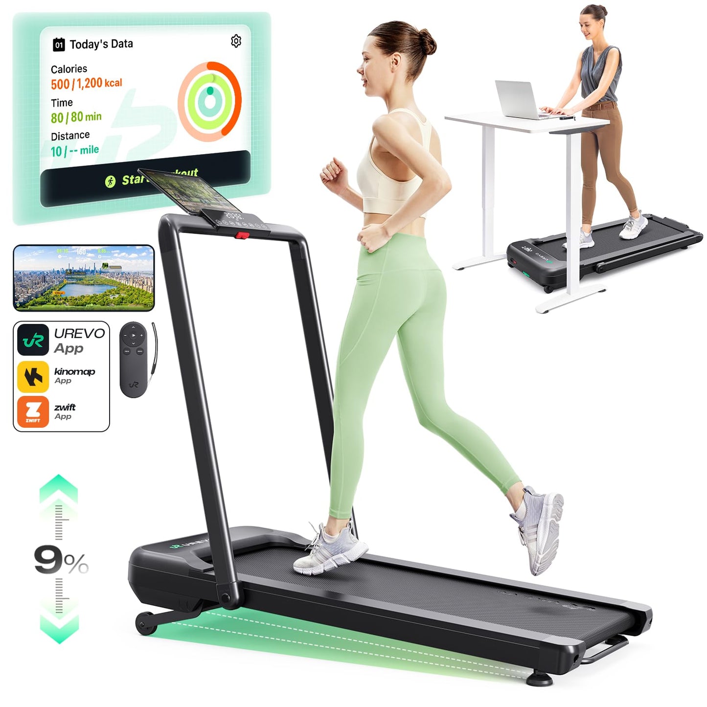 UREVO Smart Treadmill with 9% Incline, 3-in-1 Foldable Treadmill with Handle for Home/Office Fitness, Runner-Focused Design, 6 HIIT Programs & Auto Incline Follow Mode, 2 Display Screens, Plug & Play