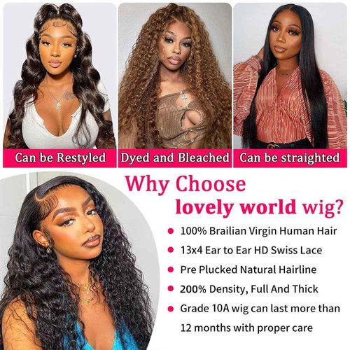 Lovelyworld Deep Wave Lace Front Wigs - Human Hair, 30 inch, 200 Density, HD Deep Curly Lace Front Wig