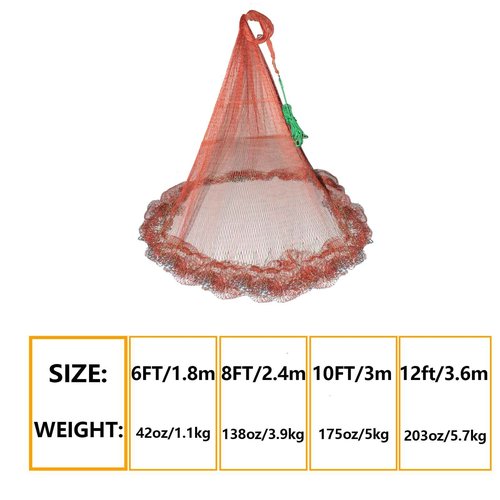 Nylon Monofilament Cast Net, American Style Hand Throwing Fishing Net with Iron Chain Weights for Saltwater and Freshwater, 3/8 Inches Mesh12FT…