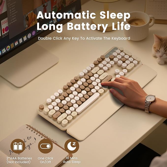 Wireless Keyboard, Round Keycaps, Retro Typewriter Keyboard with Detachable Wrist Rest, Sleep Mode, Foldable Legs, 2.4GHz Full-Size Cordless Computer Keyboard for Windows/PC/Laptop (Latte)