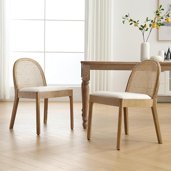 HEAH-YO Rattan Dining Chairs Set of 2, Upholstered Sherpa Dining Room Chairs with Backrests, Modern Kitchen Chairs with Wood Legs for Dining Room, White