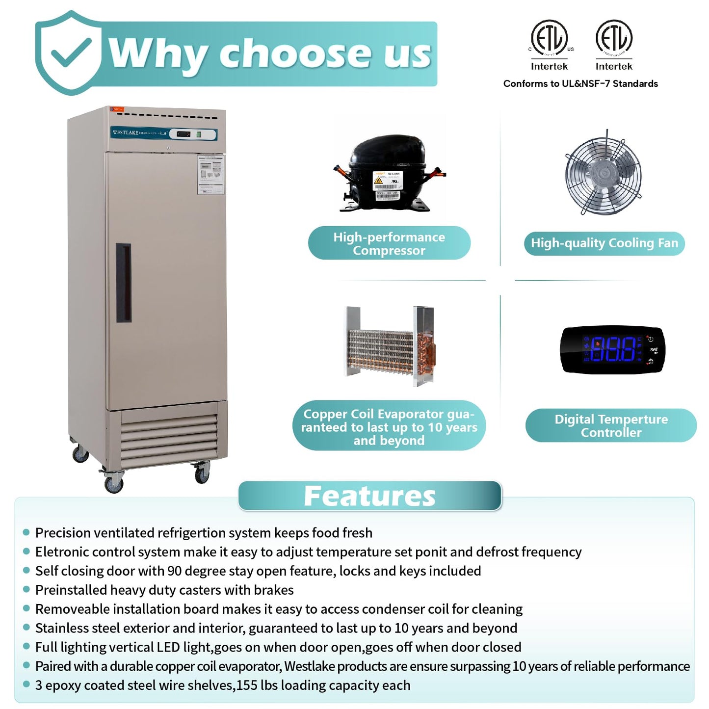 WESTLAKE Commercial Freezer 27"W Stainless Steel Reach-in Solid Single Door Upright Fan Cooling 23 Cu.ft Freezer for Restaurant, Bar, Shop, etc