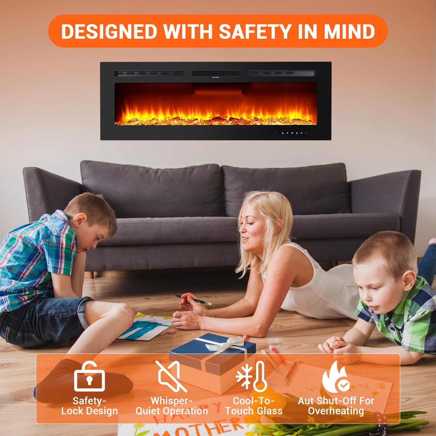 Takywep Electric Fireplace Insert, 50 Inch Wall-Mounted or Recessed with Timer, 5120 BTU Heat, 12 Flame Colors