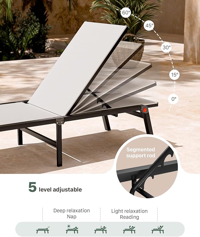 Aluminum Chaise Foldable Patio Lounge Chair Outdoor, Metal Deck Lounger Adjustable 5-Position Recliner Pool Chase Breathable Full Flat Outside Sun Tanning Chairs for Beach/Poolside/Lawn(White, 1Pack)