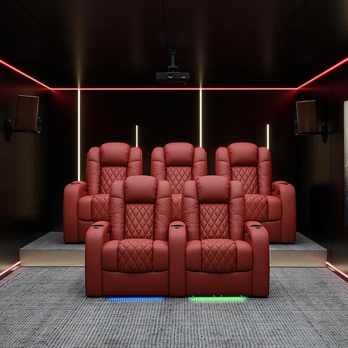Weilianda Home Theater Seating Top Grain Leather Zero Gravity Recliner Chair Power Headrest Recline Movie Seat Gaming 7 Colors Mood Light Sofa with Tray Table USB Charge Row of 2 Loveseat Red