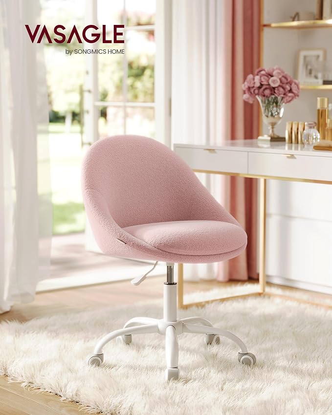 VASAGLE Vanity Chair with Lumbar Support, Adjustable Swivel Armless Desk Chair, Teddy Fleece, Compact for Small Spaces, Bedroom, Jelly Pink UOBG020R93