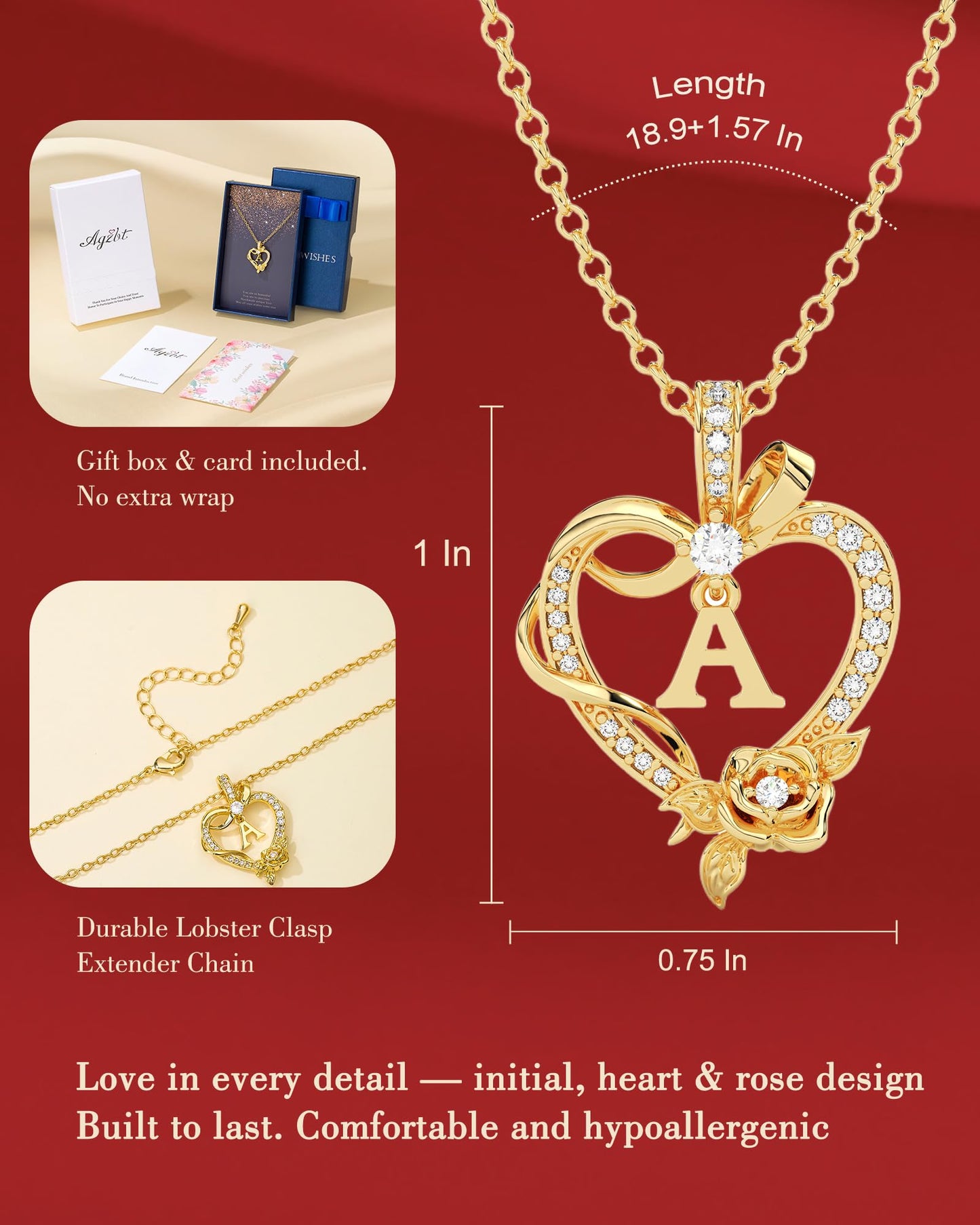 AGZBT Initial Heart Necklace Gift for Women – 14K Gold Plated Rose Pendant, Personalized Letter Jewelry for Wife, Mom, Grandma, Sister – Birthday, Anniversary for Her, Gold I