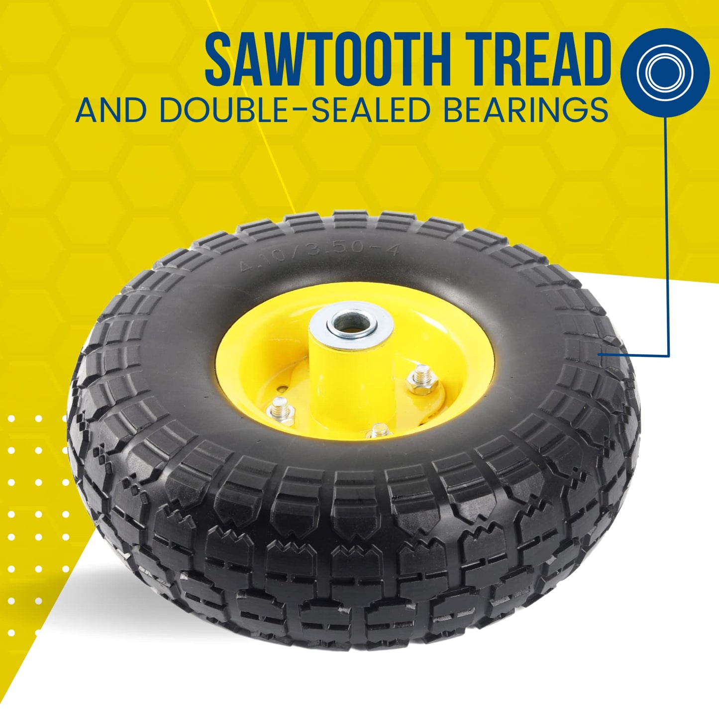 (2-Pack) 10-Inch Solid Tire Wheels - Replacement 4.10/3.50-4" Flat Free Tires and Wheels with 5/8" Axle Bore Hole Bearings, 2.17" Offset Hub -Perfect for Hand Truck, Wheelbarrow, Gorilla Carts