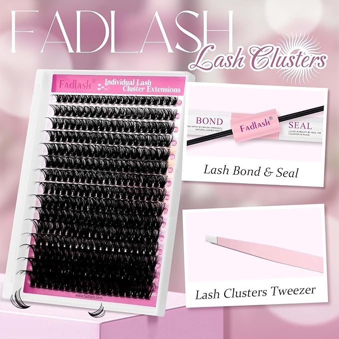 FADLASH Lash Extension Kit 50D Lash Clusters C Curl Lash Cluster Kit DIY Eyelash Extension Kit with Lash Bond and Seal Lash Tweezer Cluster Lashes (Kit, 50D-07C-Mix8-20)