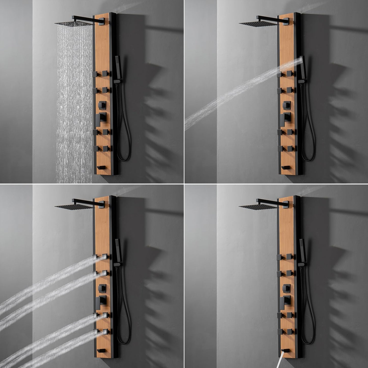 BWE Stainless Steel Shower Panel Tower System 8 Jets Multi-Function Shower Panel System Black and Bamboo Panel with Handheld Wand Wall Mount Shower Column