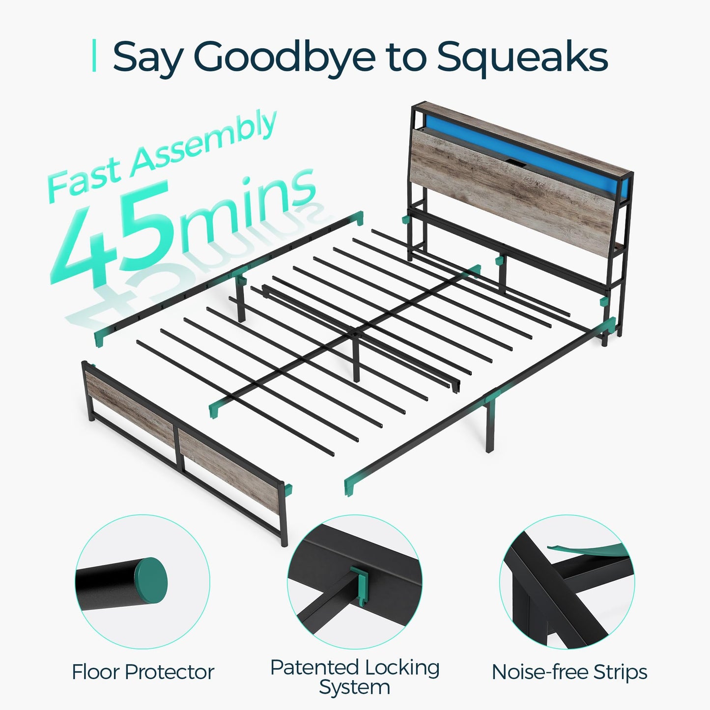 LINSY Queen Bed Frame with Ergonomic Headboard, Platform Metal Bed Frame with RGB Lights, Outlets & Charger, 45 Minutes Fast Assembly Bed Queen Size with Storage, No Box Spring Needed, Greige