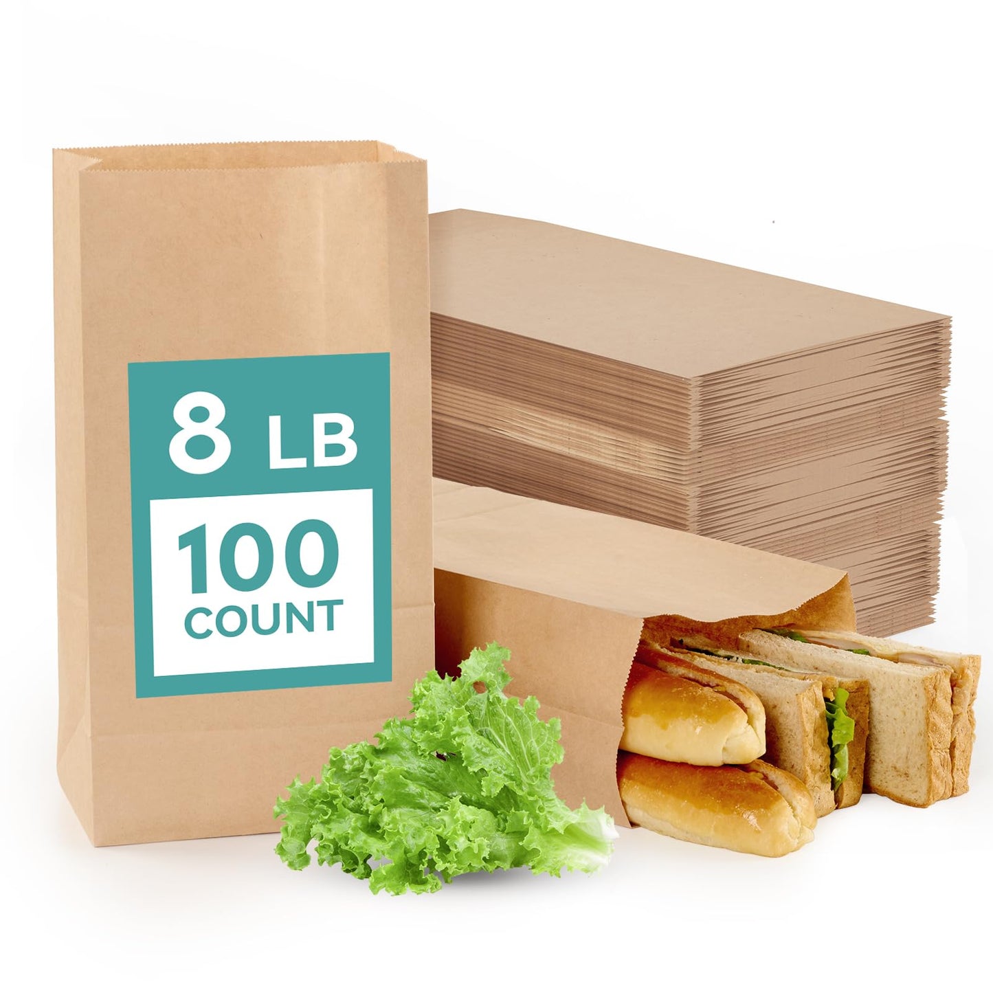 MUCHII 8 LB Paper Lunch Bags,100 Count Brown Paper Bags for Lunches, Snacks, Take Out and Small Items