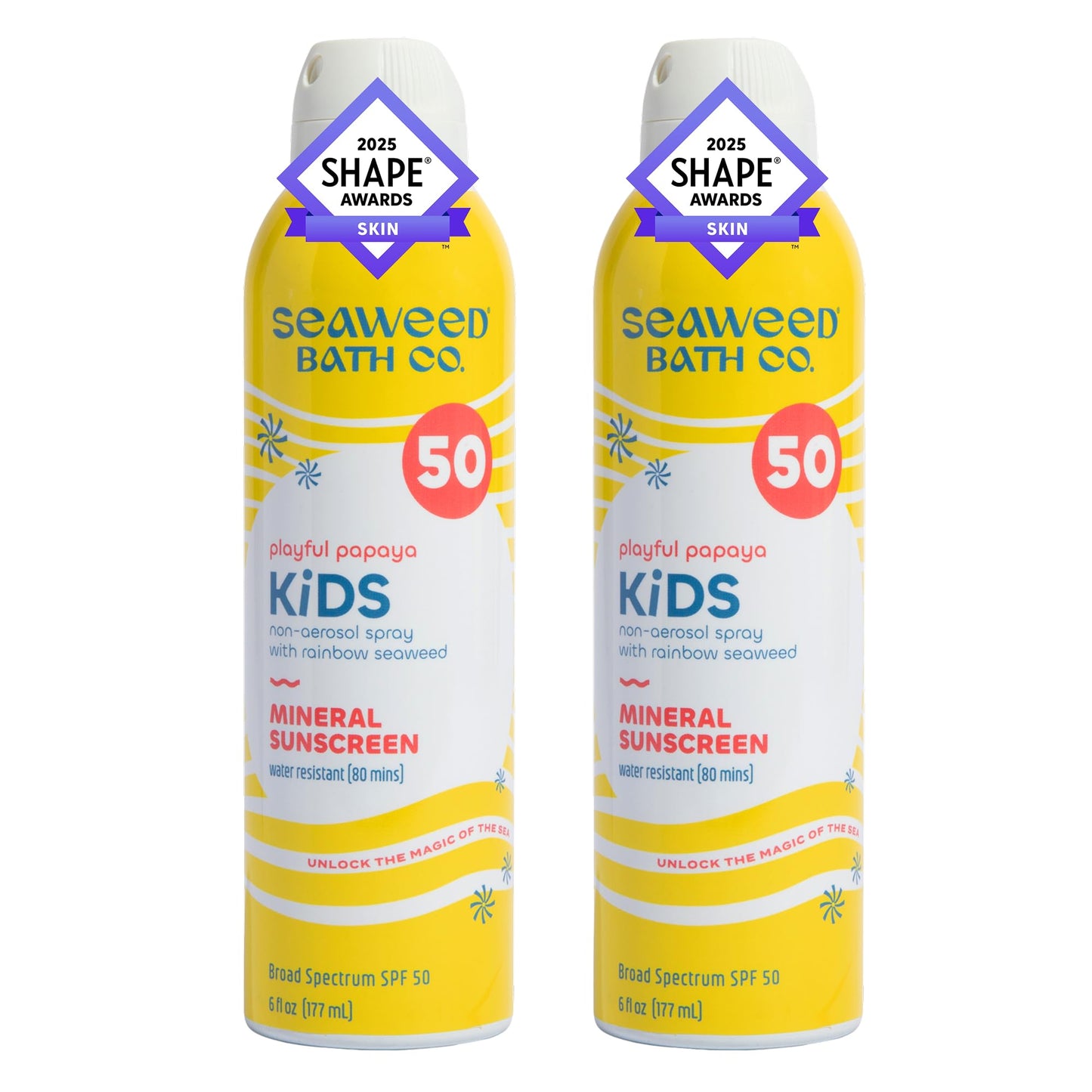 Seaweed Bath Co. Kid's Mineral SPF 50 Broad Spectrum Sunscreen Spray, 6 Ounce (Pack of 2), Papaya Scented, Water Resistant, Tear