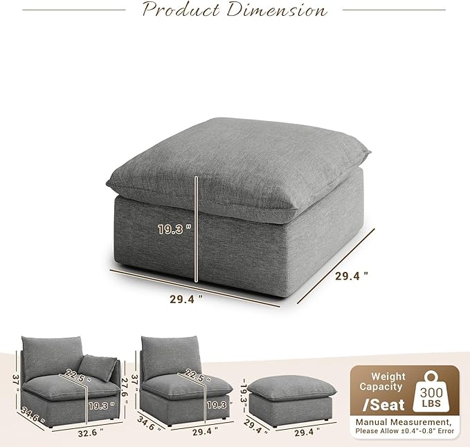 Forest aesthetics Cloud Modular Sectional,Ottoman Waterproof High Backrest Sectional Sofas,Down Filled Modular Couch with Removable Washable Cover for Living Room,Dark Gray