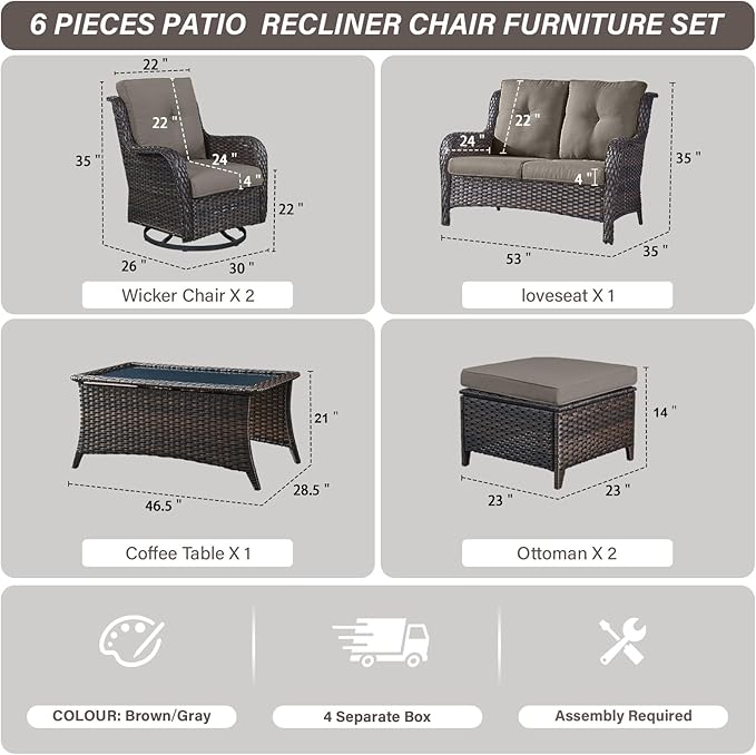 Belord Wicker Outdoor Furniture Patio Furniture Set - 6 Piece Patio Conversation Set with Swivel Rocker Chairs, Loveseat Sofa, Ottomans and Coffee Table, Gray Cushion