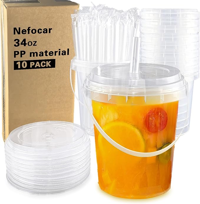 10 Pack 34oz Disposable Plastic Cups with Lids and Straws, Iced Coffee Cups with Lids, Sturdy & Food Safe for Cold & Hot D...