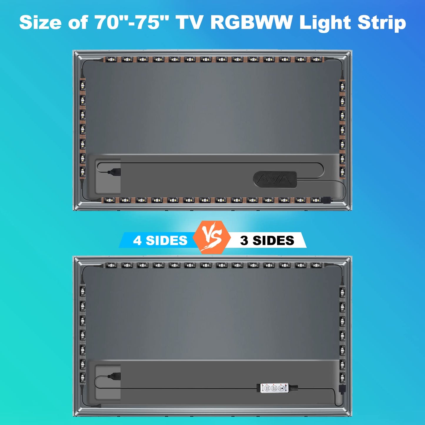 Tatazone Bluetooth RGBWW LED Lights for 70-75 Inch TV with App Control, RGB+Tunable White 3000K-6500K TV LED Backlight with RF Remote, Music Sync Indoor for TV, Gaming