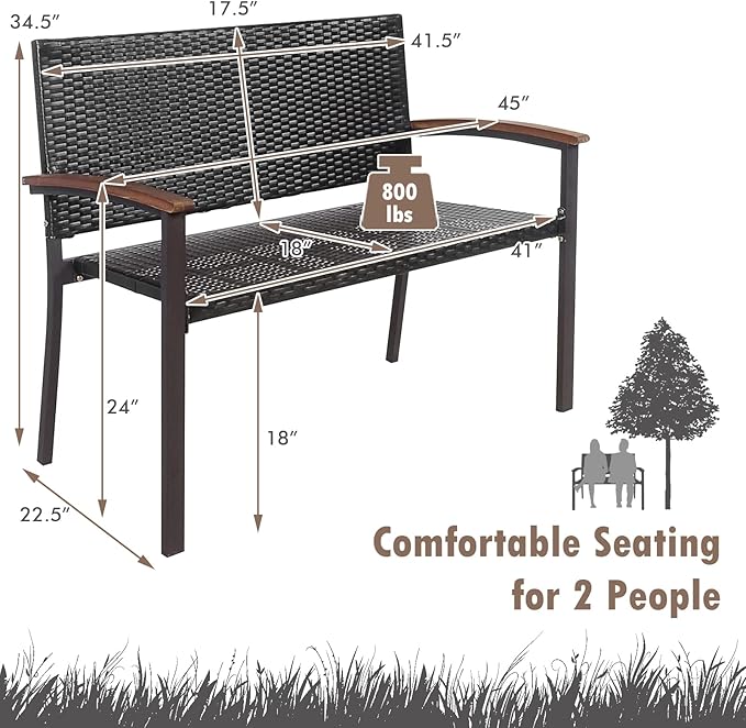 Tangkula 2 Pieces Outdoor Stackable Bench, All-Weather PE Wicker Loveseat with Acacia Wood Armrests, 2-Person Heavy Duty Metal Frame Patio Bench, for Garden, Front Porch, Courtyard