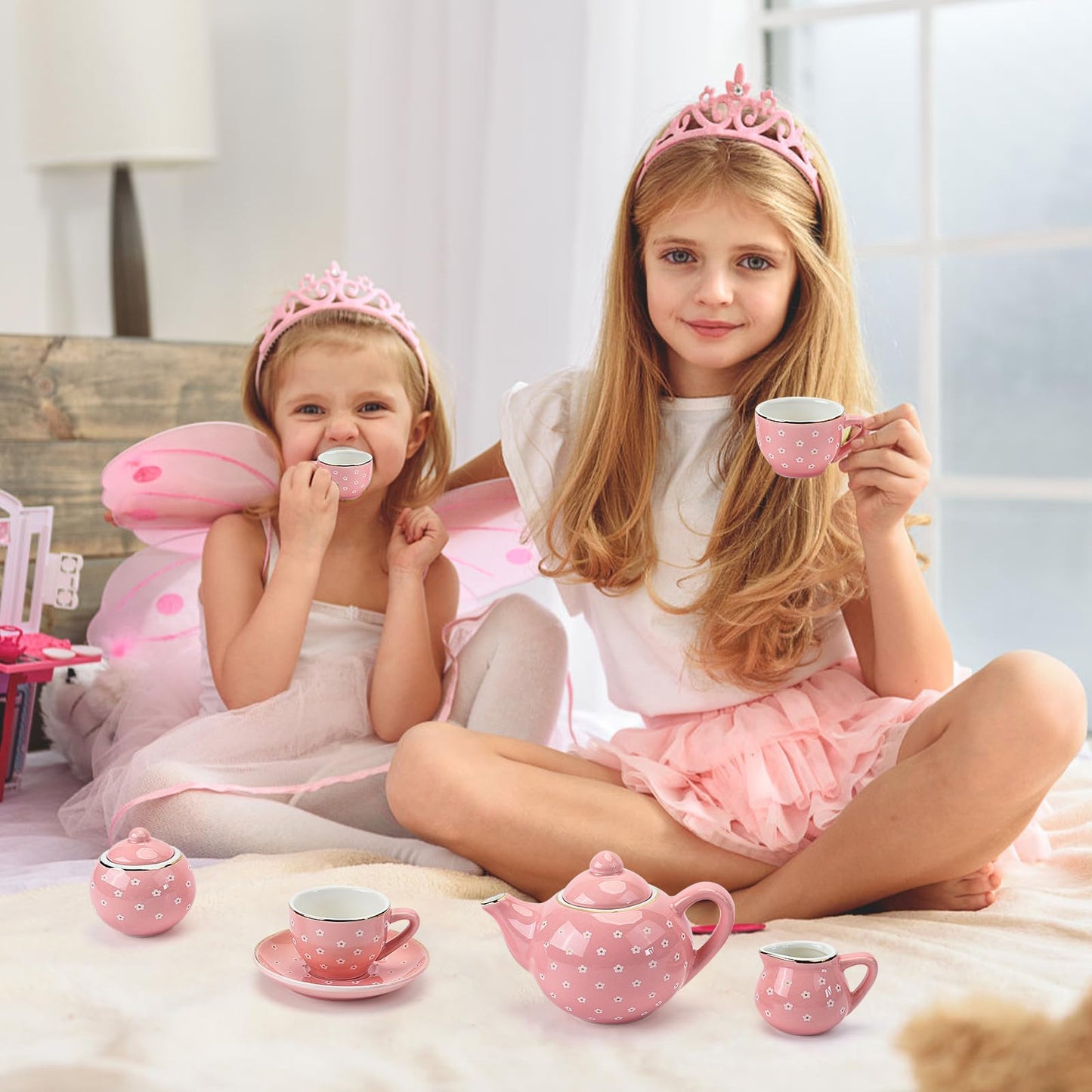 CHENP.HMC Tea Party Set for Little Girls, 13 Piece Sets Kids Tin Tea Party with Cups, Saucers, Plates & Serving Trays, Girls Birthday Gift (Pastel Polka Dots)