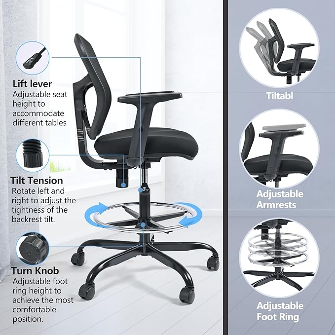 Drafting Chair, Tall Office Chair Ergonomic Standing Desk Chair,Rolling Desk Chair with Adjustable Armrest & Foot Ring,SGS Certified Gas Cylinder,High Rebound Sponge. (Black)