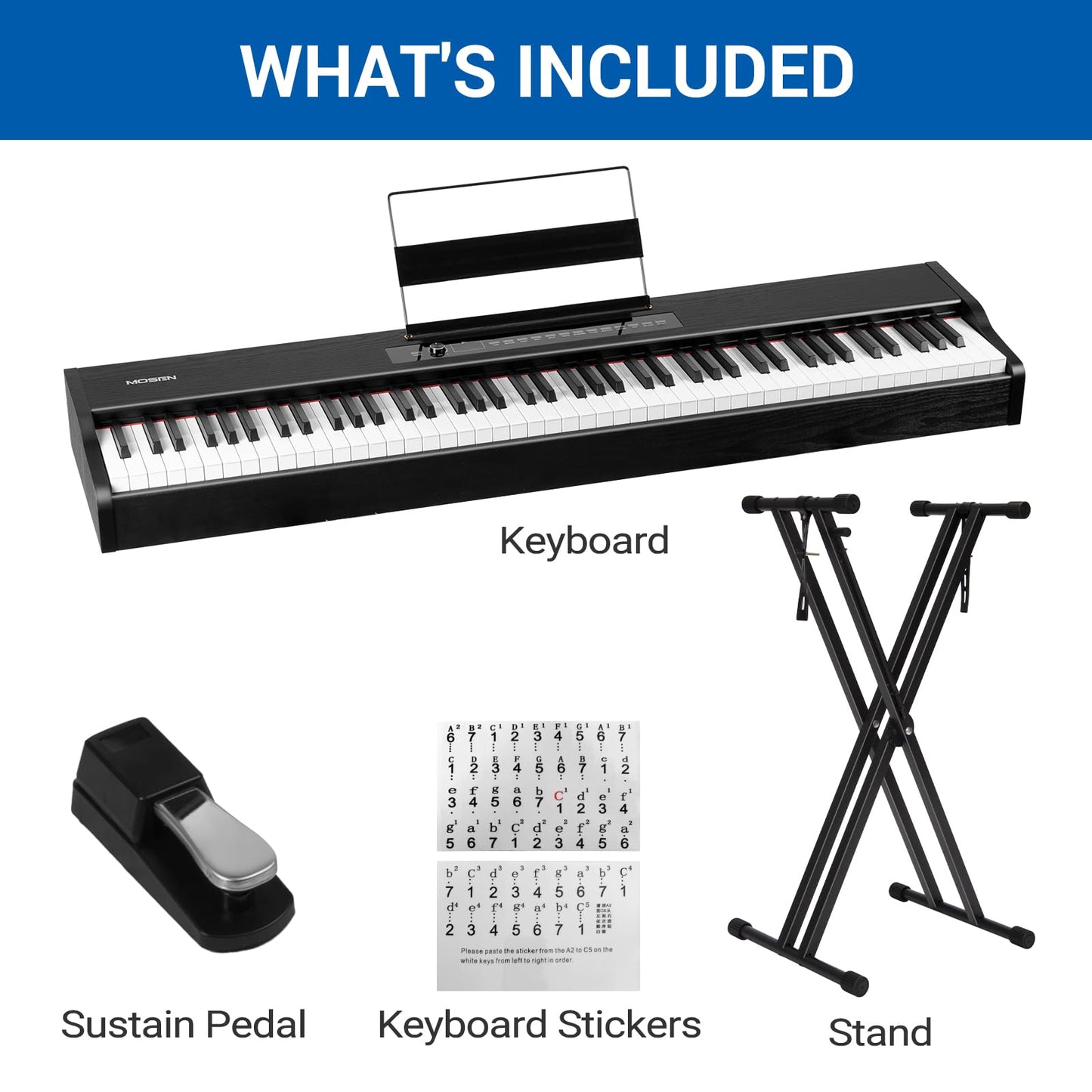 MOSEN Digital Piano 88-Key Weighted Keyboard with Hammer Action, Portable Electric Piano Set with X Stand, Recording Headphone Mode, Sustain Pedal, Music Rest, Dual Keyboard for Beginner, MDP-80D