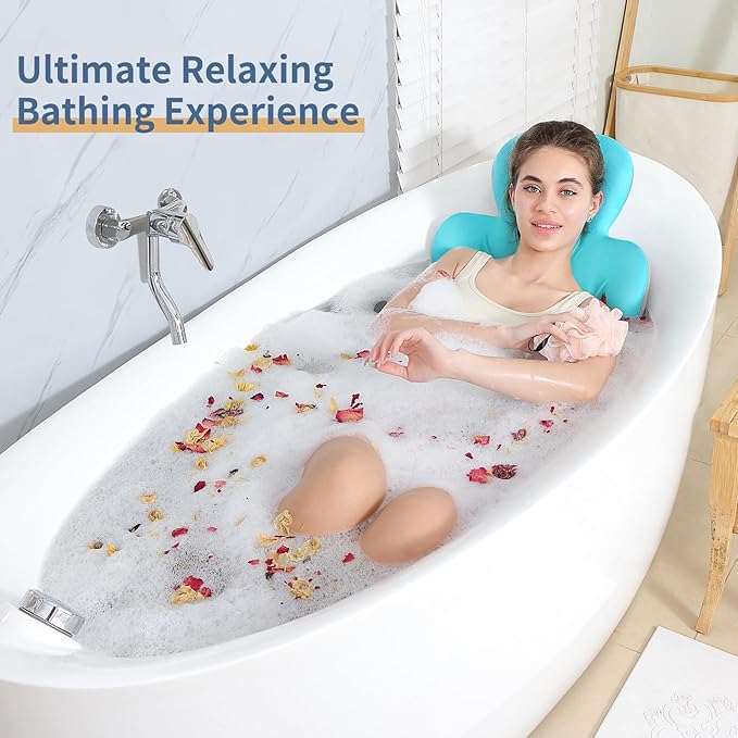 Luxury Bath Cushion, Full Body Bathtub Pillow with 160 Suction Cups, Bath Mat for Head and Neck Support, with Laundry Bag (Blue, 60.2" x 16.2")
