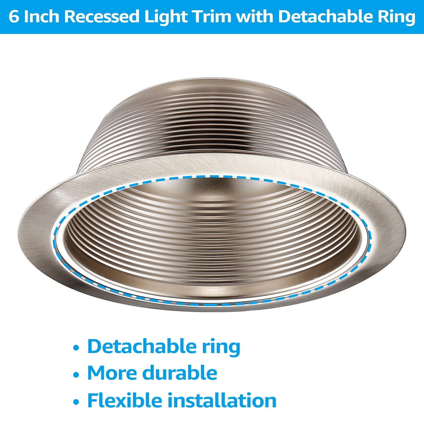 TORCHSTAR 12-Pack 6 Inch Stylish Decor Recessed Light Trim, Step Baffle with Detachable Ring, Full Metal, Fit Halo/Juno Remodel Housing, Satin Nickel