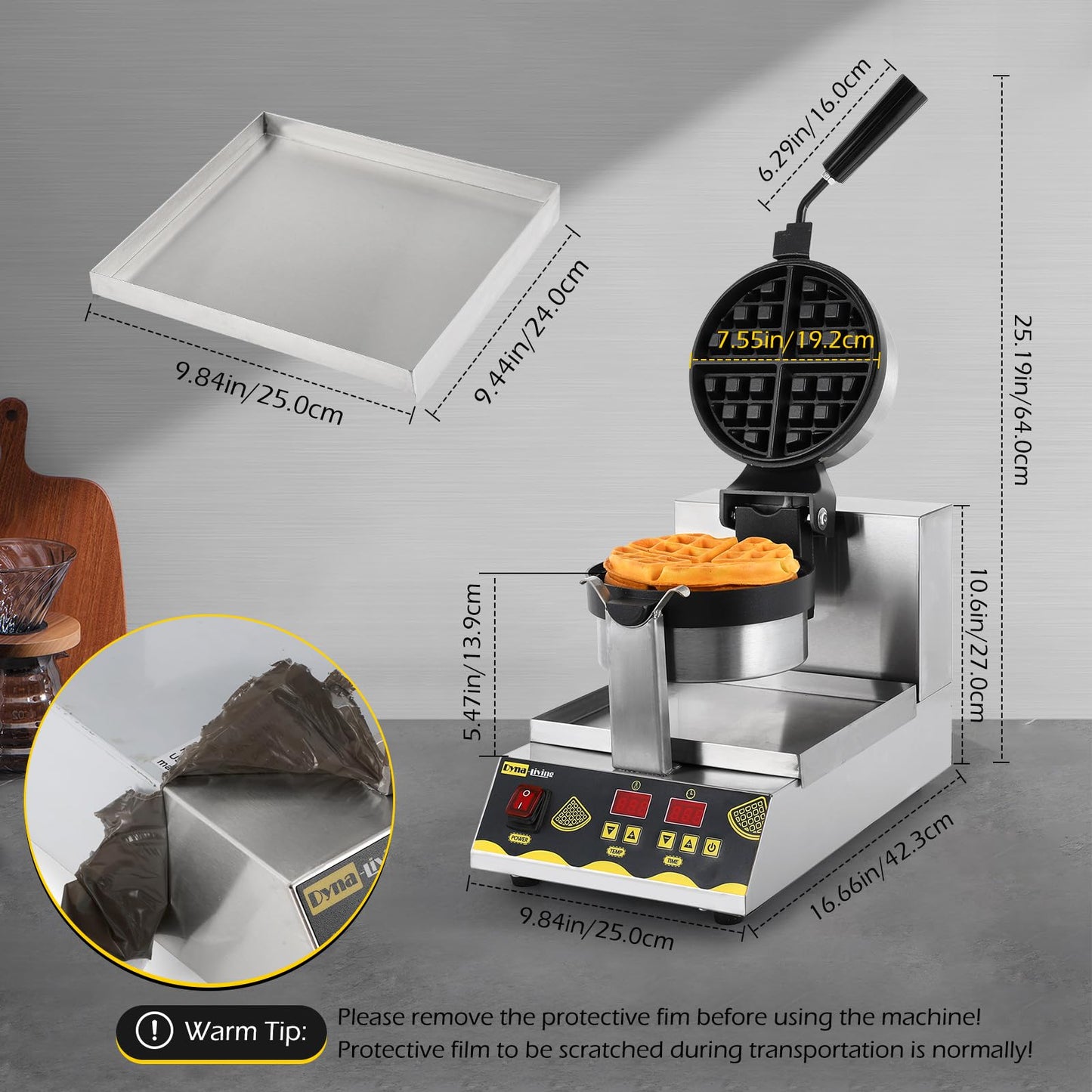 Dyna-Living Belgian Waffle Maker Commercial Intelligent Round Waffle Maker Rotating 180° Nonstick Flip Waffle Iron Machine Professional Commercial Waffle Maker for Restaurant 110V 1200W