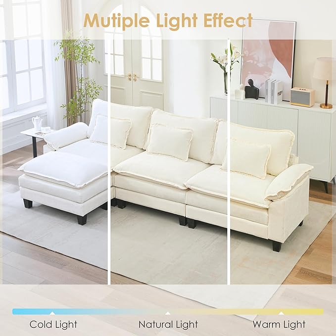 URRED Cloud Couch Modular Sectional Sofa, 122'' Modern L Shaped Deep Seat Sofa with Ottoman & Pillows, Ultra Comfy Chenille Couches for Living Room, Bedroom or Apartment, White | Chenille Fabric, Skin Friendly, Breathable, Ergonomic Design, Flexible Mo...