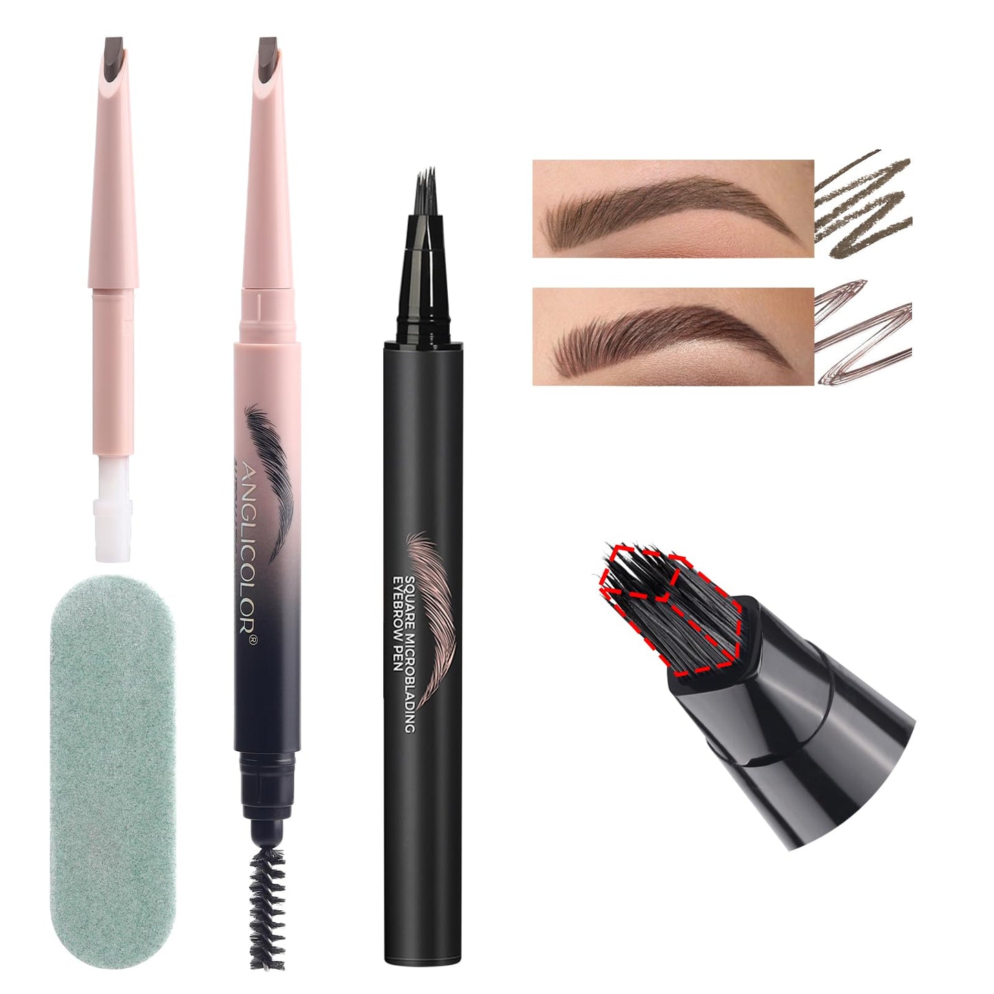 Microblading Eyebrow Pencil Kit - Angled Square Tip Liquid Eyebrow Pencil, Shaping and Filling Brow Definer Pen with Brush & Ref