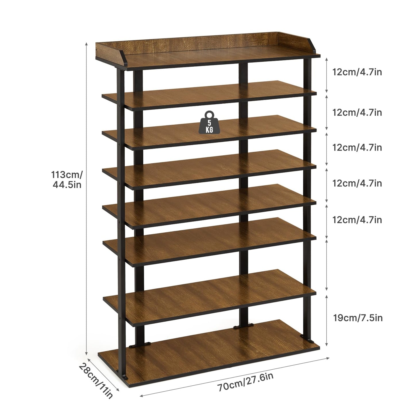 Mondeer Free Standing Shoe Rack, 8 Tier Tall Organizer Shelf for 24 Pairs for Entryway Hallway, Industrial Style Wooden Metal 11" D x 27.6" W x 44.5" H Inches (Rustic Brown)
