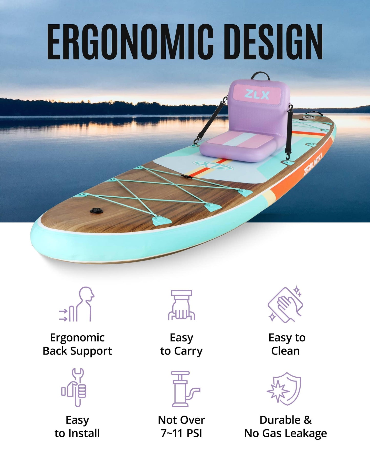 ZLX Paddle Board Seat with Back Support, Portable Kayak Seat, Air Pump Included, Universal Inflatable Chair for Adults, Foldable Ergonomic Design, Easy Install for Outdoor Fishing/Kayaking/Camping