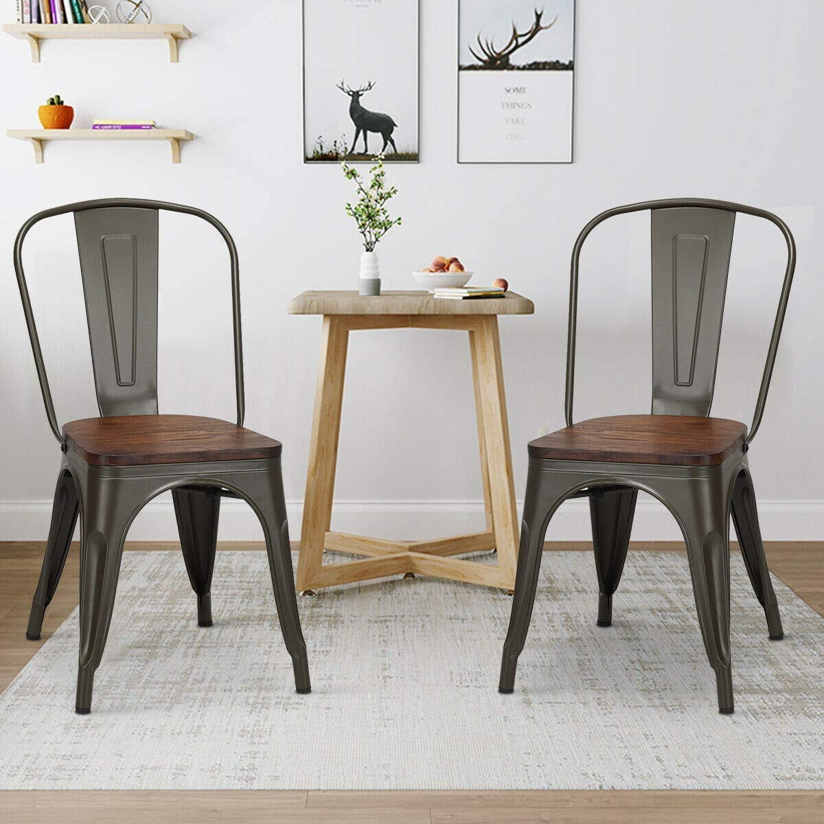 LDAILY LUARANE 18 Inch Dining Chair Set of 4, Vintage Industrial Stackable Counter Metal Bar Chairs, w/High Backrest Wood Seat Surface, for Home Kitchen Cafe Bar Use