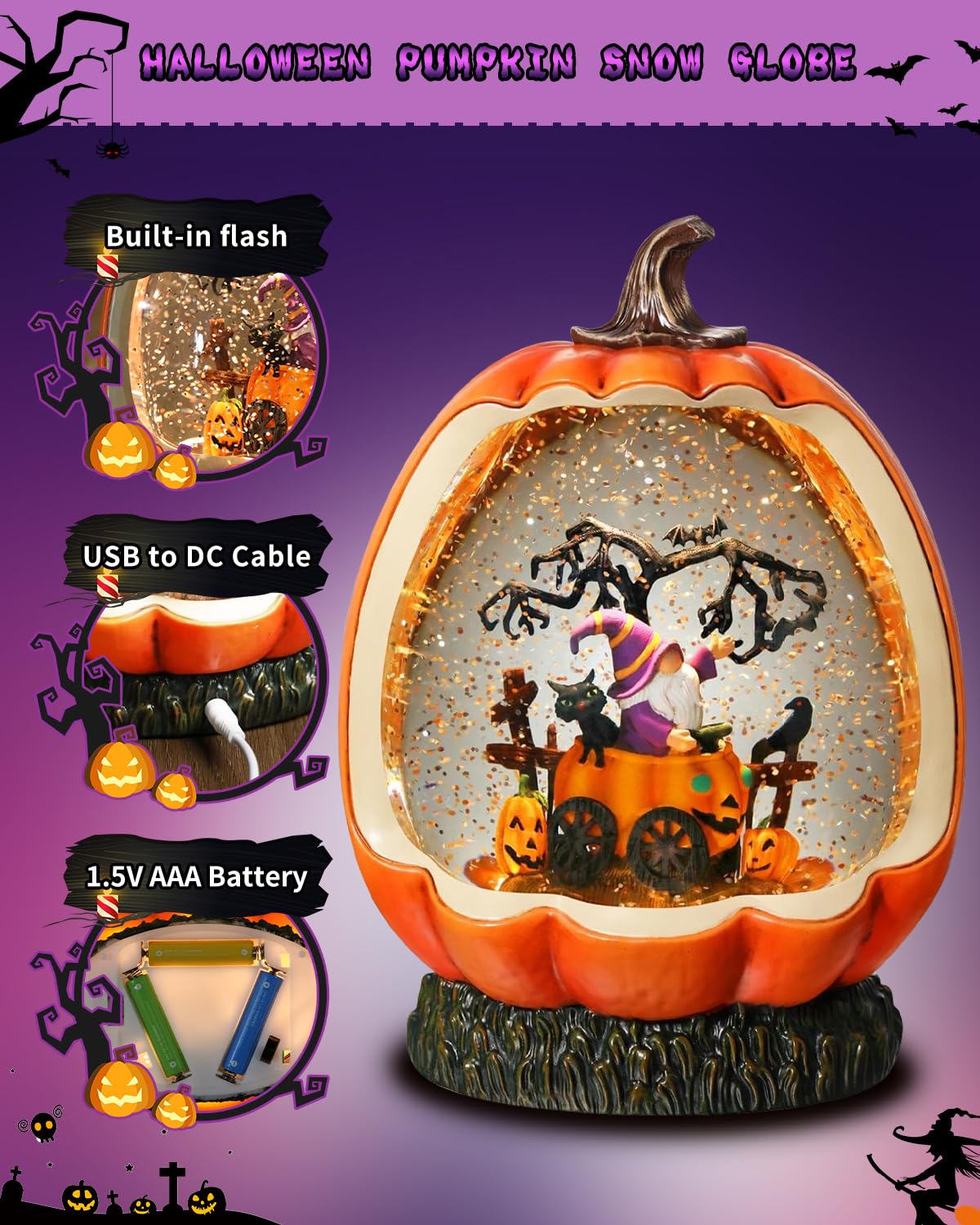 Halloween Pumpkin Snow Globe with Gnome Inside for Halloween Decorations, with Rotating and Lighting Functions，USB or Battery Operated