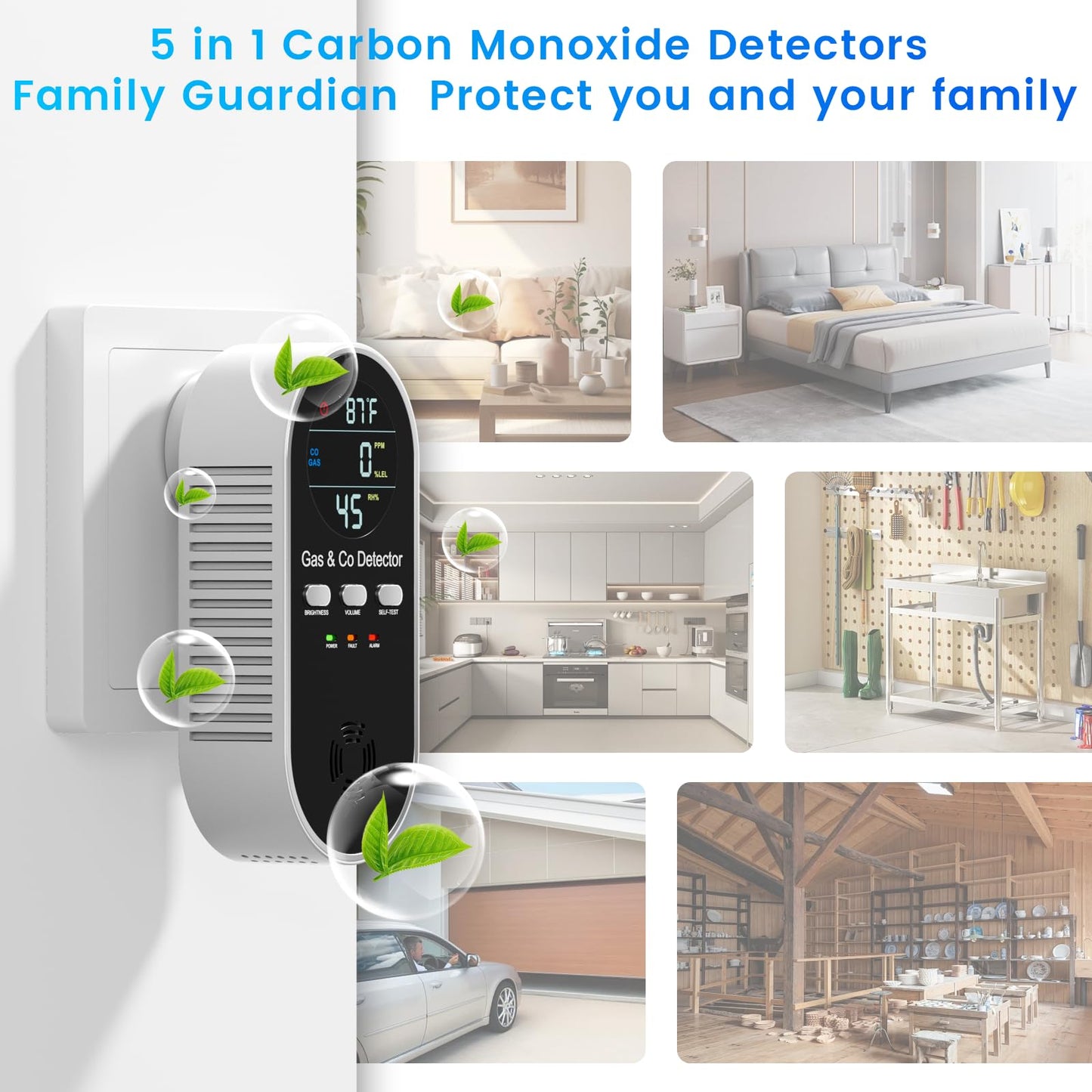 5 in 1 Carbon Monoxide Detectors Plug in with Temperature Humidity Sensor Built in Battery Backup, Natural Gas Leak Detector with Clear LED Display Sound & Light Warning for Home/Hotel, 2Pcs, Black.