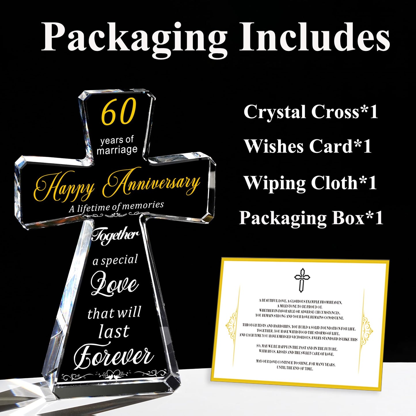 JOASURA 60th Wedding Anniversary Crystal Cross Gifts for Couple, 4x6”Laser Engraved 60 Years of Marriage Religious Gift for Parents