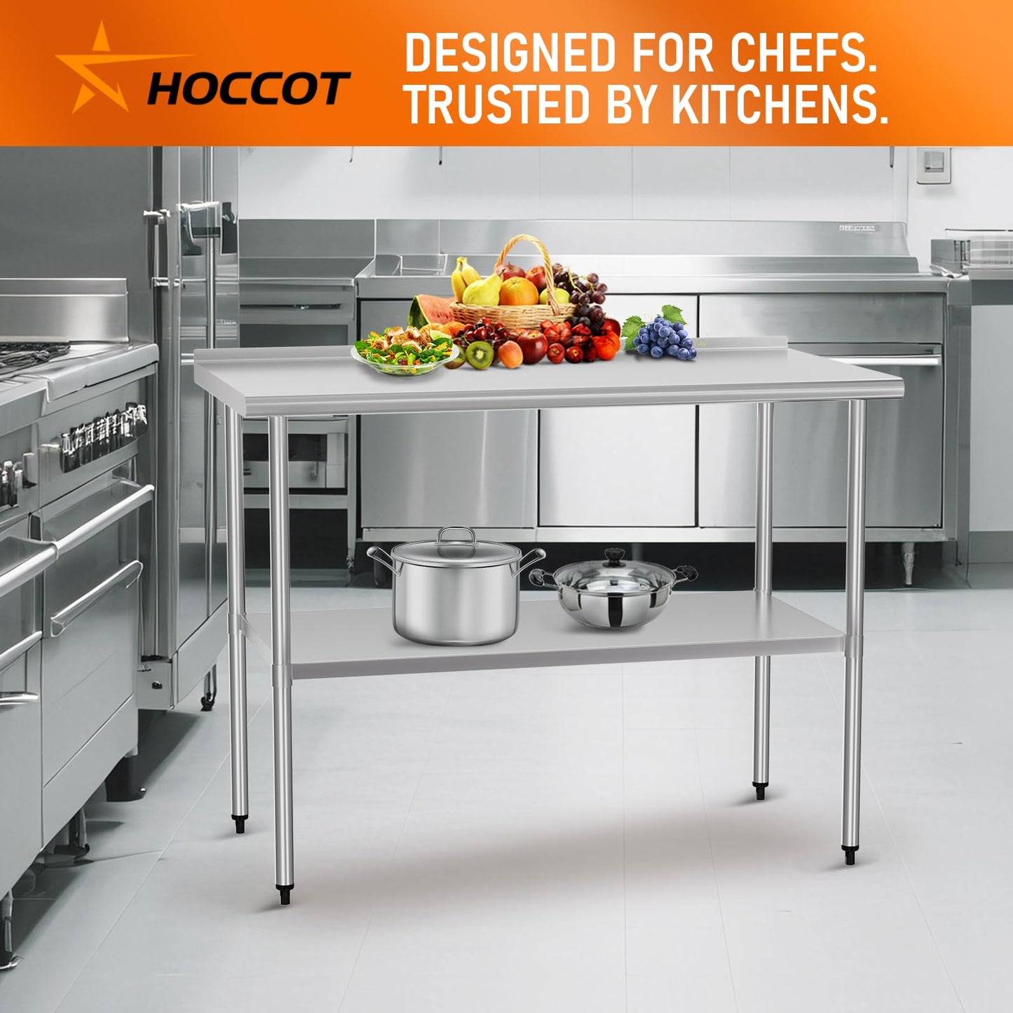 HOCCOT Stainless Steel Work Table 24" x 48" with Adjustable Undershelf and Backsplash, Commercial Workstations for Kitchen, Garage, Outdoor BBQ