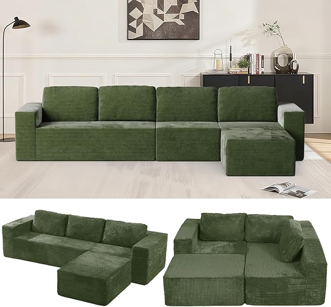 Furnify 136" Modular Sectional Sofa with L-Shape Chaise, Right/Left Facing Deep Seat Cloud Couch, No Assembly Required, Upholstered Couch for Living Room Bedroom (Green, Plush Corduroy Fabric)