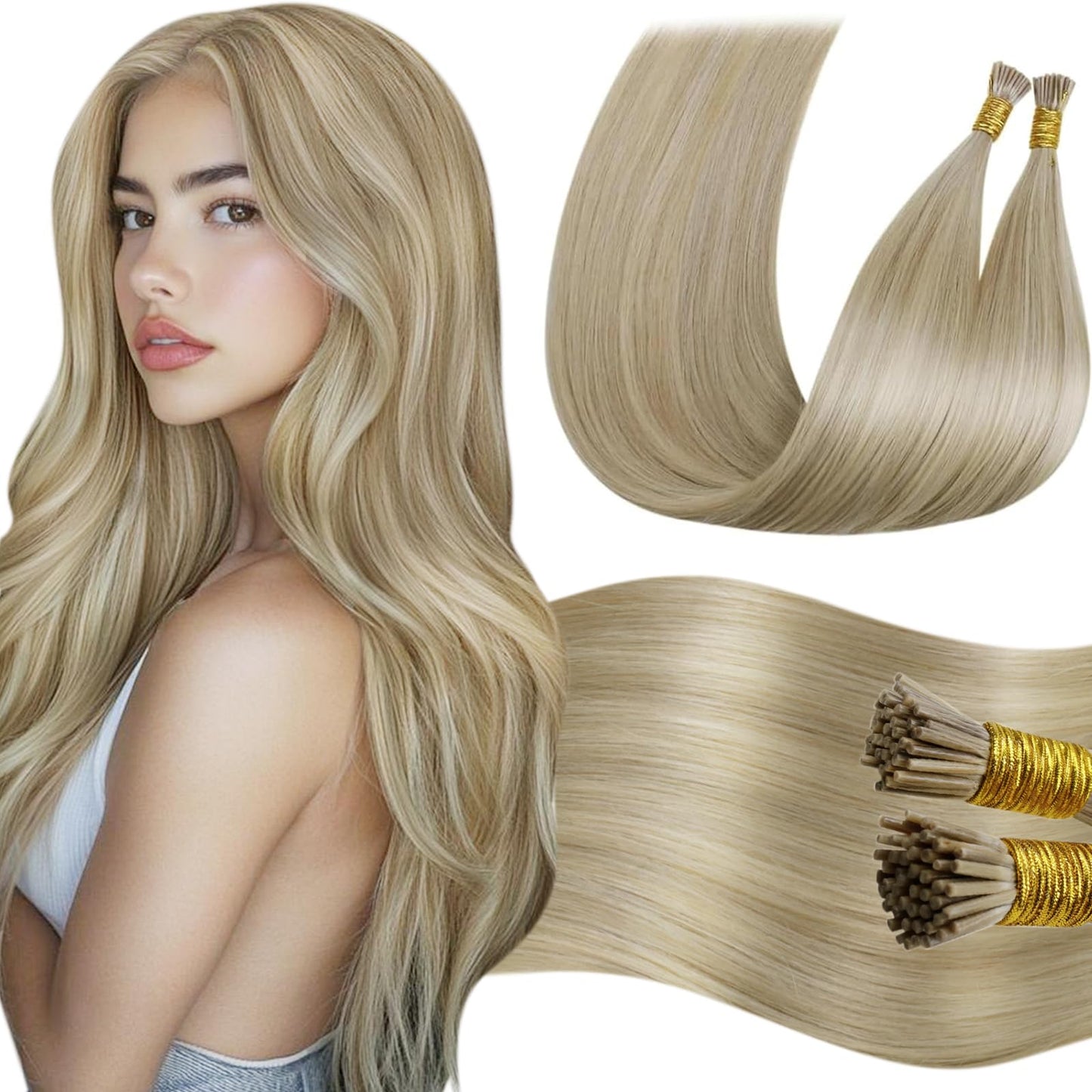 LaaVoo I Tip Hair Extensions Human Hair Light Blonde Highlights Golden Blonde Itip Human Hair Extensions 60s Blonde Itip Extensi