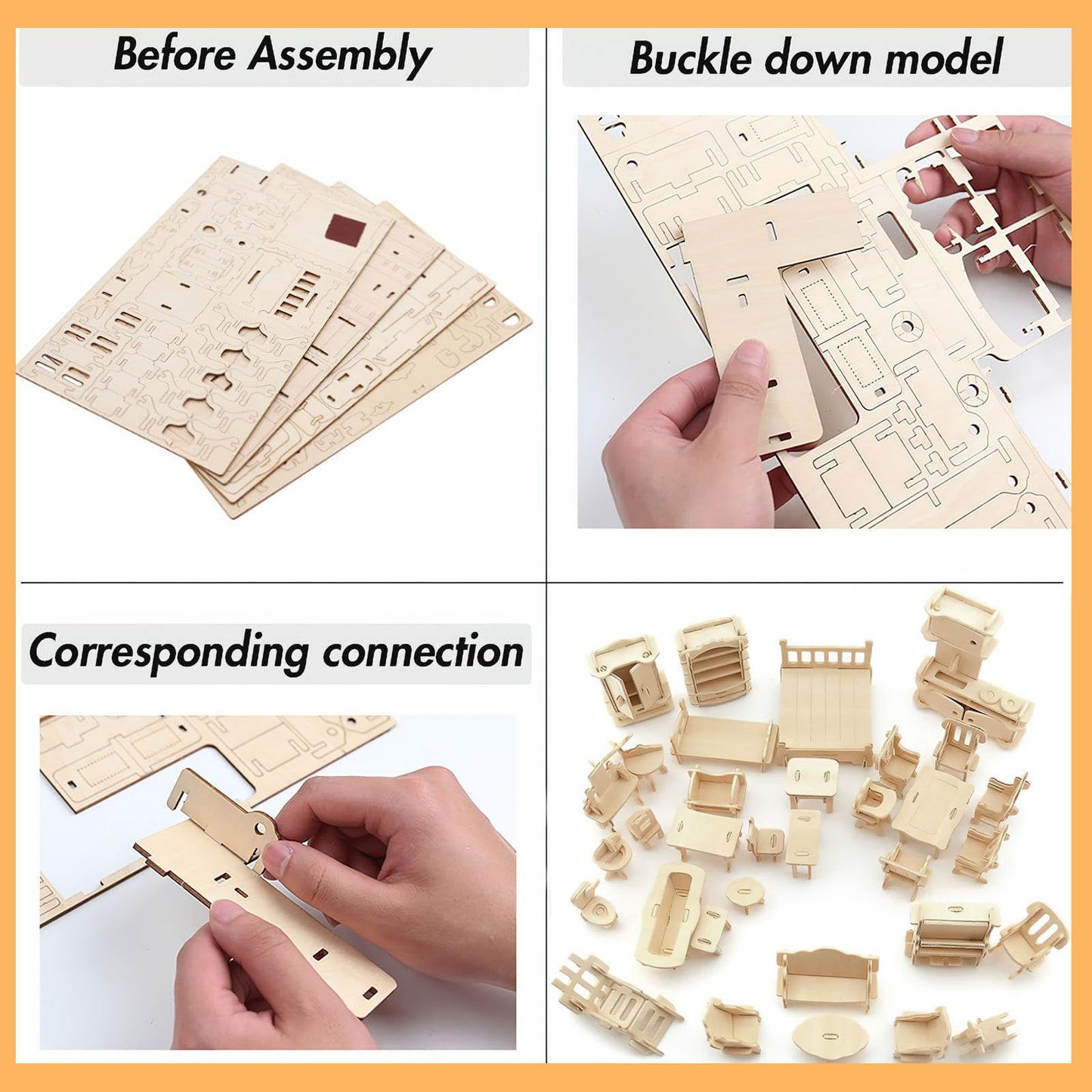 LOVEINUSA DIY Wooden Dollhouse Furniture Set, 3D Puzzle Miniature Room Accessories, Natural Wood