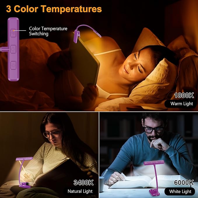 Gritin 19 LED Rechargeable Book Light for Reading in Bed with Memory Function- Eye Caring 3 Color Temperatures,Stepless Dimming Brightness,80 Hrs Runtime Clip on Light for Book Lovers-Dark Purple