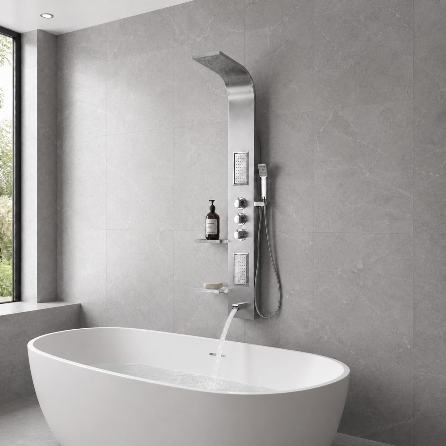 ANZZI Shower Panel Tower, Field 58 inch Long Turbo High Pressure Shower Head and Detachable Handheld Spray Rainfall Shower Panel in Brushed Steel, Rain Shower 1.8 gpm 2 Body Jets Combo (SP-AZ042)